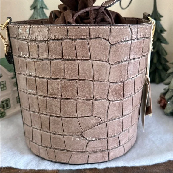 Pratesi Firenze Tan Croc-Embossed Round Bucket Bag - Picture 4 of 8